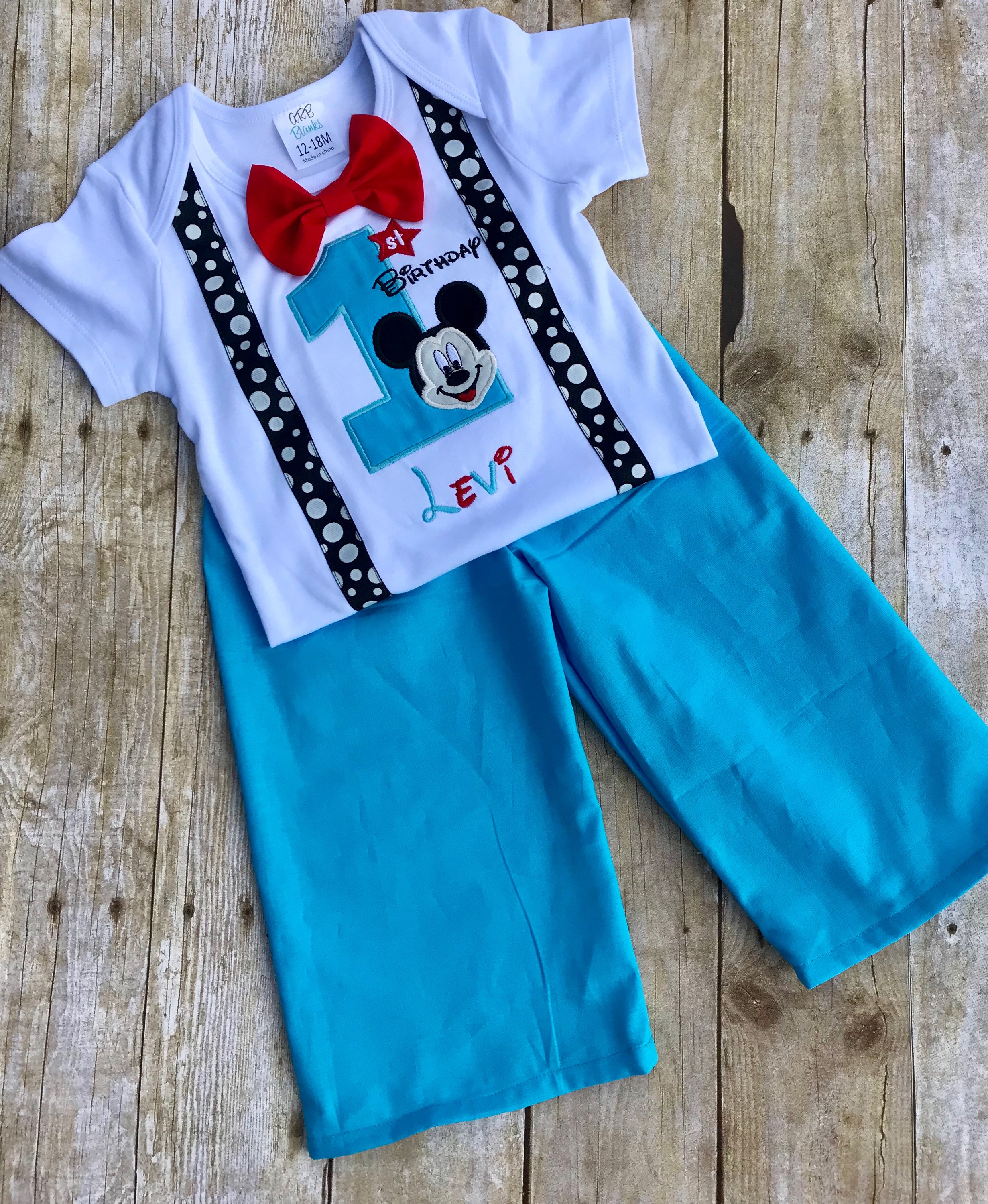First Birthday Mickey Mouse Inspired Bodysuit With Suspenders Bow