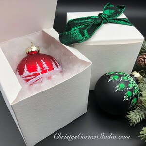 Green Hand Painted Glass Christmas Ball Ornament, Winter White Pines - Etsy