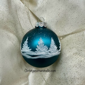 Slate Blue Hand painted Glass Christmas Ball, Christmas Ornament, Winter White Pines
