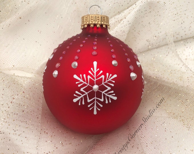 Red Hand Painted Snowflake Glass Christmas Ball - Etsy