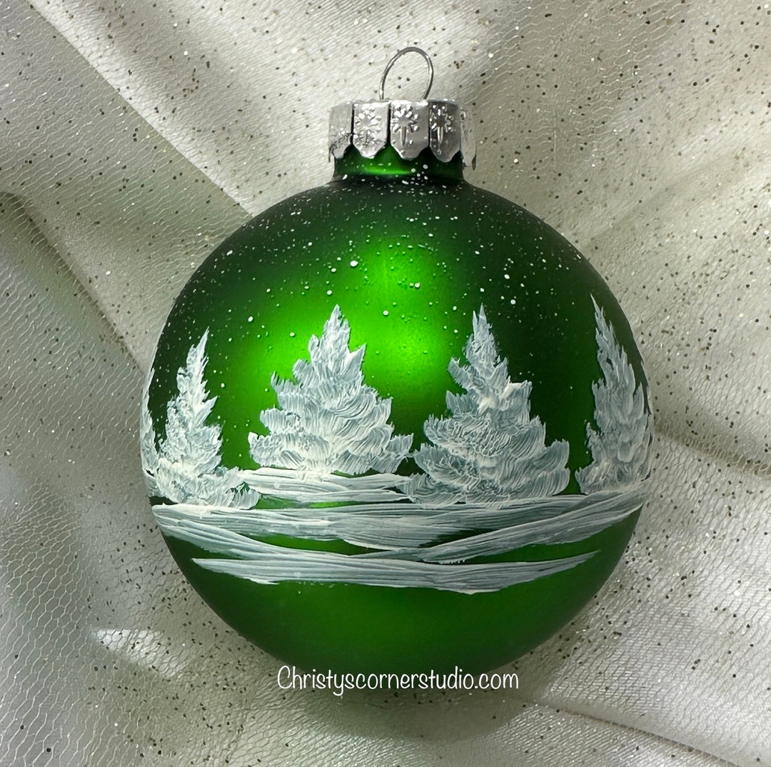 Green Hand Painted Glass Christmas Ball Ornament, Winter White Pines - Etsy