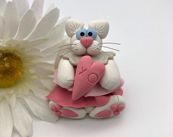 Polymer Clay White Valentine Cat, Hand sculpted