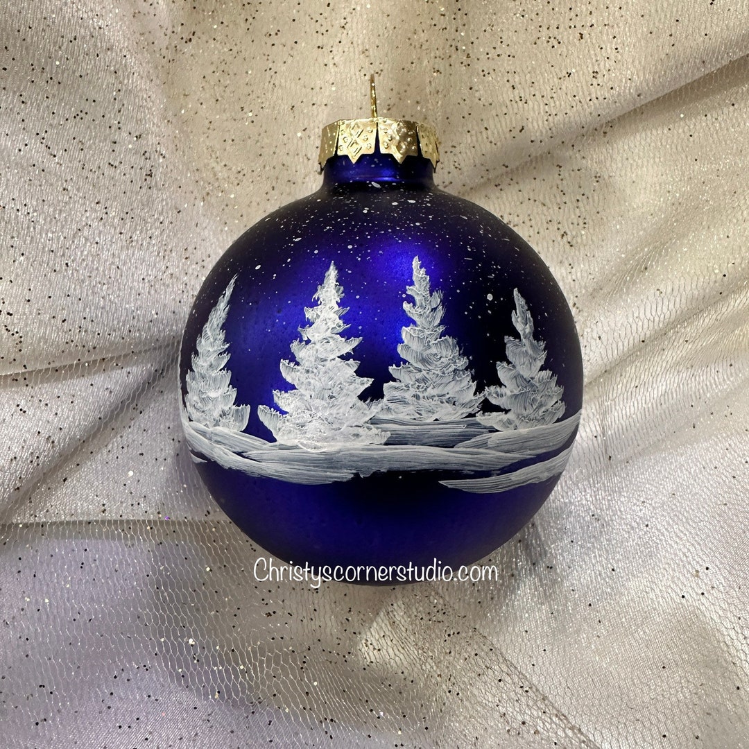 Indigo, Handpainted, Glass Christmas Ornament, Winter White Pines