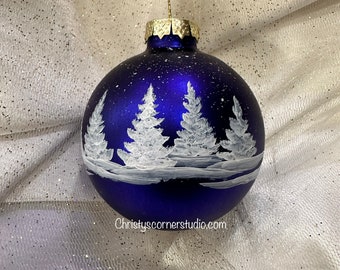 Indigo, Hand-painted, Glass Christmas Ornament, Winter White Pines Scene
