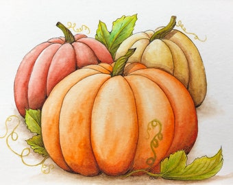 Three Pumpkins Framed Original Watercolor Painting