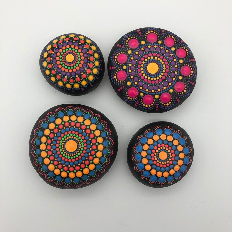 Hand Painted Rainbow Black light Mandala StoneRock