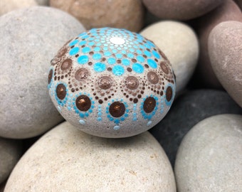 Hand Painted Mandala Stone Blue and Brown