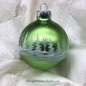 Light Green Handpainted Glass Christmas Ornament, Glass Ball, Winter Forest scene