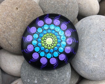Hand Painted Mandala Stone Purple and Teal