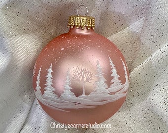 Rose Hand Painted Glass Christmas Ball, Christmas Ornament, Winter Forest scene