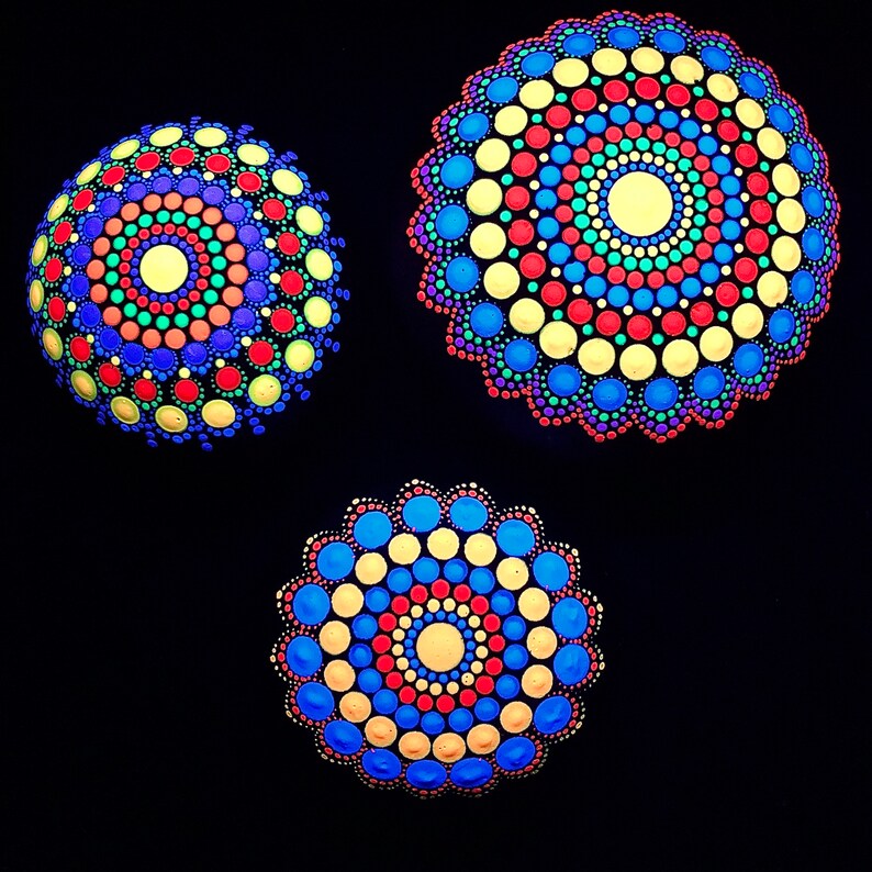 Hand Painted Rainbow Black light Mandala StoneRock