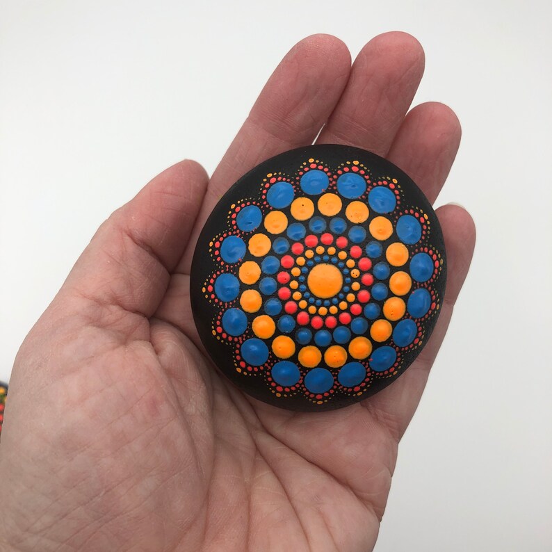 Hand Painted Rainbow Black light Mandala StoneRock