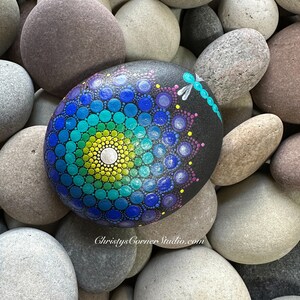 Hand Painted Mandala Stone, Dark Rainbow and Dragonfly