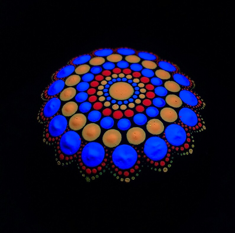 Hand Painted Rainbow Black light Mandala StoneRock