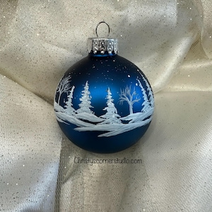 Navy Blue Hand painted Glass Christmas Ball, Christmas Ornament, Winter forest scene