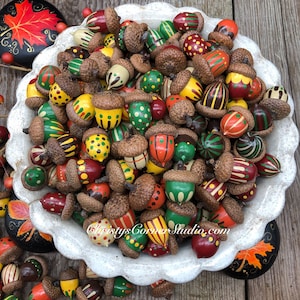 Set of 6 Hand Painted, Hushed Fall Colors, Patterned , All Natural Acorns