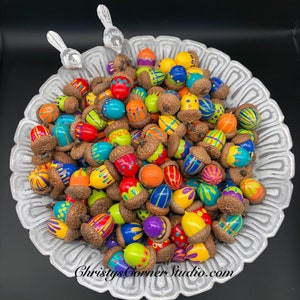 Set of 6 Hand Painted, Bright, Patterned , All Natural Acorns