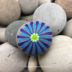 Hand Painted Teal and Purple Flower Stone