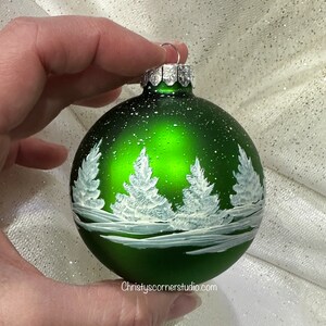 Green Hand Painted Glass Christmas Ball Ornament, Winter White Pines - Etsy