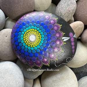 Hand Painted Mandala Stone, Dark Rainbow and Dragonfly
