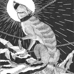 May include: A black and white ink illustration of a wolf with a muzzle, collar, and shackles on its limbs, all connected by chains. The wolf is positioned on rocky terrain, howling toward a large, radiant circular sun in the dark sky.