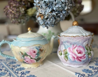 Antique Central European Pink Roses Teapot and Tea Caddy