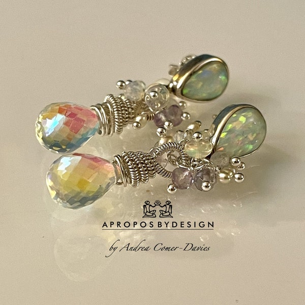 Sparkling opalite drops, coiled sterling wire, Ethiopian opals, labradorite, opalite, pearl dangles, synthetic opal & sterling posts