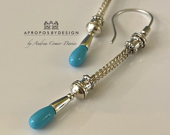 Sterling hand woven spiral loop chain drop earrings, Sleeping Beauty turquoise drops, 3 inch drop earrings, woven sterling chain earrings