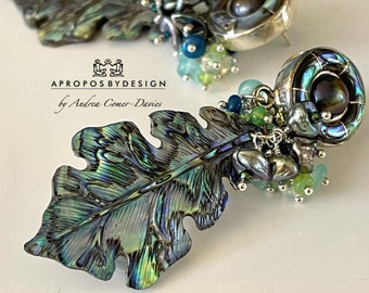 New Zealand Paua shell carved leaf earrings, opal gems, Keishi pearls, Mabe pearl & abalone sterling posts