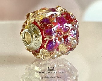 Bright pink freeform barrel shaped, silver & dichroic glass big hole charm bead, silver glass, silver core, sterling bead caps, BHB