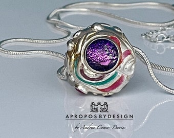 Abstract pendant/hollow big hole fine silver bead; ruby, emerald, amethyst enamel, 22k gold, dichroic cabochon, 5 CZs, sterling 16-18” chain