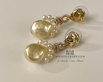 14k gold-filled Baroque tear drop pearl & round pearl coil wrapped earrings, 18k vermeil gold posts