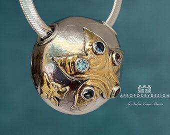 Hollow form half dome pendant, fine silver, textured 24k gold flower & butterfly, gemstones, textured design on a flat back, sterling chain