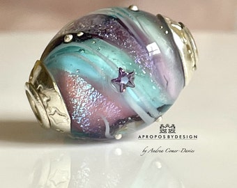 Aqua and violet glass twist big hole charm bead, dichroic, star CZ, fully lined silver core, handmade star sterling caps, oval BHB
