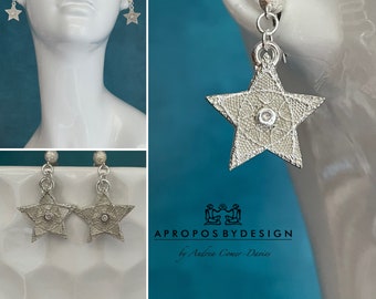 Medium sized silver star dangle post earrings with cubic zirconia, 1 inch silver star drop earrings, sterling stardust post earrings
