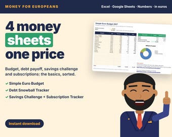 2027 Euro Budget Spreadsheet Bundle, 4 Money Templates Excel & Google Sheets, Budget, Debt Snowball, Savings Challenge, Subscription Tracker