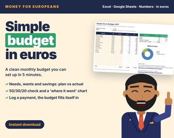 2027 Simple Budget Spreadsheet in Euro, Monthly Budget Planner Excel & Google Sheets, 50 30 20 Budget, Expense Tracker, Beginner Budget