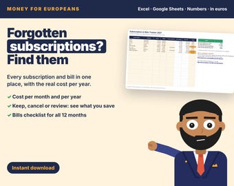 2027 Subscription Tracker and Bills Checklist in Euro, Spreadsheet Excel & Google Sheets, Cancel Subscriptions, Monthly Bill Tracker