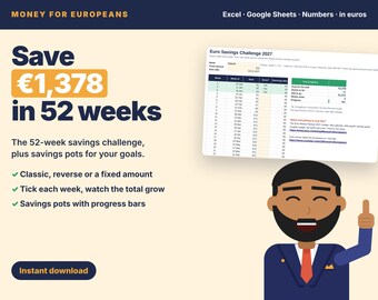 2027 Savings Challenge 52 Week in Euro, Savings Tracker Spreadsheet Excel & Google Sheets, Savings Pots, Sinking Funds, Money Challenge