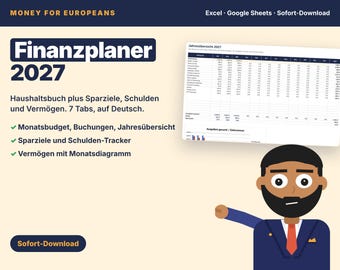 2027 Finanzplaner Excel Vorlage Deutsch, Haushaltsbuch, Budgetplaner, Sparziele, Schulden Tracker, Vermögen, Google Sheets