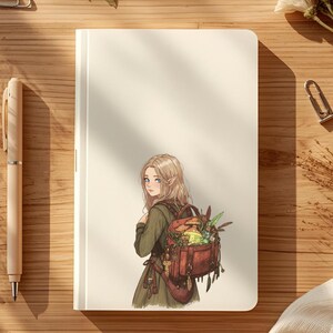 May include: A blank, white notebook with an illustration of a person with a backpack. The backpack is brown and filled with mushrooms and plants. A beige pen and paper clips are on the wooden surface.