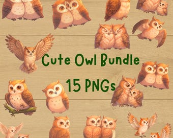 Ensemble PNG de cliparts de couple hibou | Pack d'autocollants pour oiseaux des bois | Oeuvre d'art hibou Cottagecore