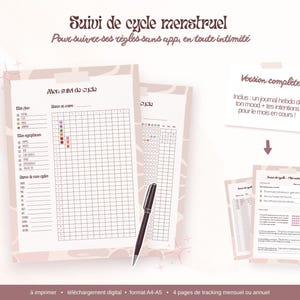 Peut inclure: Un ensemble de suivi de cycle menstruel imprimable avec une grille pour noter les symptômes et la durée du cycle. Les pages comportent le texte Suivi de cycle menstruel, Mon suivi de cycle et Version complète, avec un stylo noir.