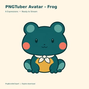 Könnte beinhalten: Eine digitale Illustration einer dunkel-türkisfarbenen Froschfigur mit runden Ohren, rosa Wangen und einem gelben Bauch. Der Frosch trägt ein weißes Halstuch. Text: PNGTuber Avatar - Frog, 6 Expressions, Ready to Stream, PngBundleClipart, Digital download.