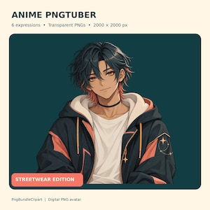 Könnte beinhalten: Digitaler Anime PNGtuber-Avatar mit einer Figur mit dunklem Haar, bernsteinfarbenen Augen und einem schwarzen Halsband. Die Figur trägt ein weißes Shirt unter einem dunkelblauen und korallenfarbenen Kapuzenpullover mit Sternen. Text: ANIME PNGTUBER und STREETWEAR EDITION.