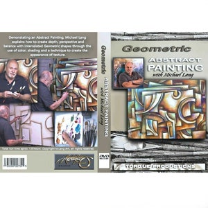 May include: DVD cover for a painting tutorial titled "Geometric Abstract Painting with Michael Lang". The cover features a colourful abstract painting with geometric shapes and a portrait of the artist, Michael Lang.
