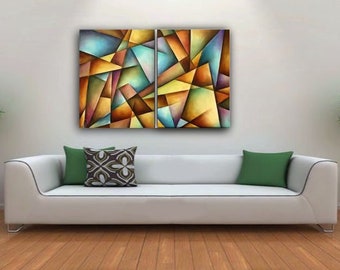 Könnte beinhalten: Abstrakter Kunstdruck mit geometrischem Design in einer Mischung aus Blau, Grün, Gelb und Braun. Der Druck ist in zwei Paneele unterteilt.