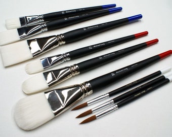 May include: A set of eight paint brushes with black handles and white bristles. The brushes are arranged in order of size, with the largest brush at the top and the smallest brush at the bottom. The brushes are labeled with the brand name "Michael Lang" and the size of the brush. The brushes are all new and unused.