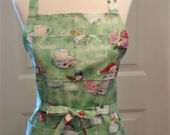 Dasher, Dancer, Santas, Reindeer on Green Matching Christmas Bib Aprons for Adults, Girls and 18 Inch Dolls handmade by Jane Ellen