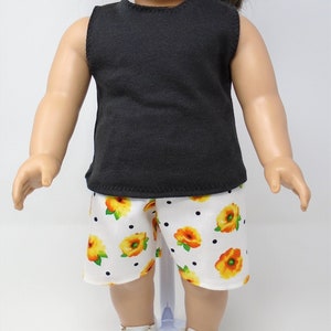 18 Inch Doll Clothes - Yellow Pansies Shorts and Black Tank Top Outfit handmade by Jane Ellen to fit 18 inch dolls